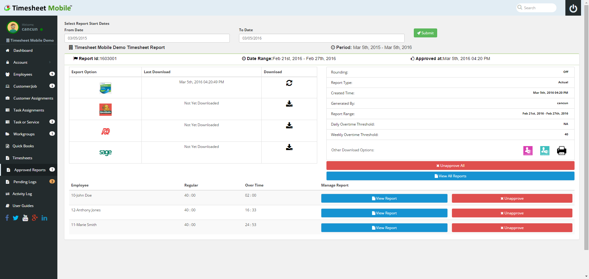 view approved timesheet reports for pay perios